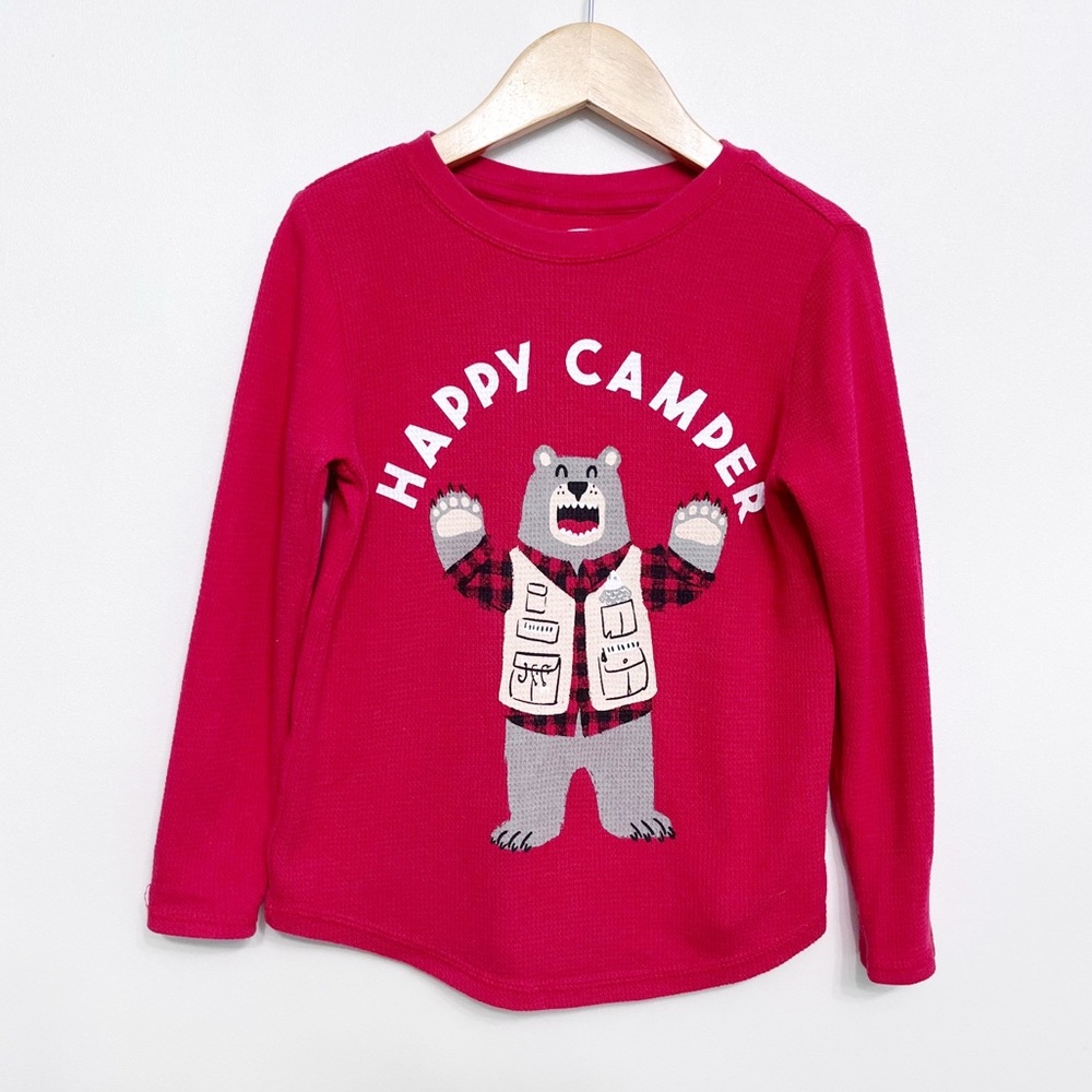 old navy | happy camper waffle knit thermal raglan tee red 5t